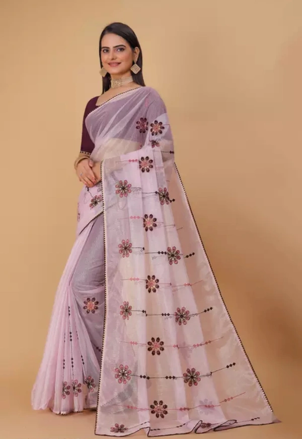 Neha Collection Women Fancy Organza Embroidery Work Saree With Blouse - Free Sizes, Light Purple