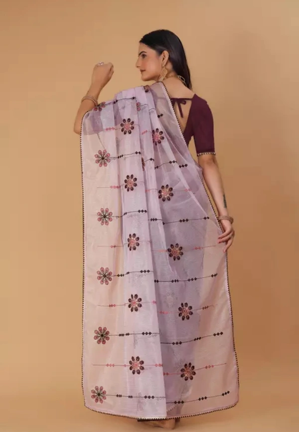 Neha Collection Women Fancy Organza Embroidery Work Saree With Blouse - Free Sizes, Light Purple