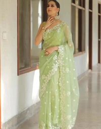 Neha Collection  Stylish Orgenza Saree With Embroidery Work And Banglori Blouse - Free Sizes, Light Green