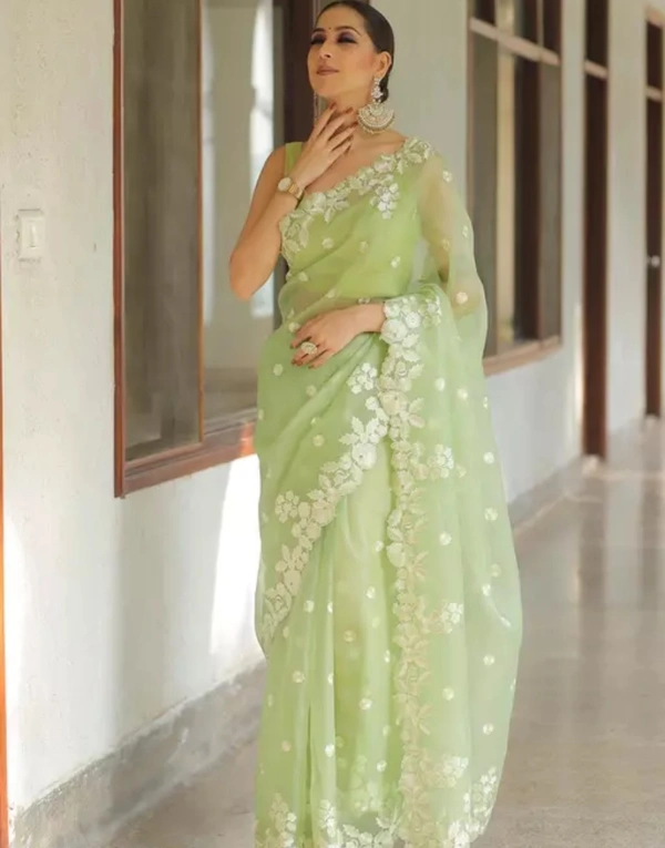 Neha Collection  Stylish Orgenza Saree With Embroidery Work And Banglori Blouse - Free Sizes, Light Green