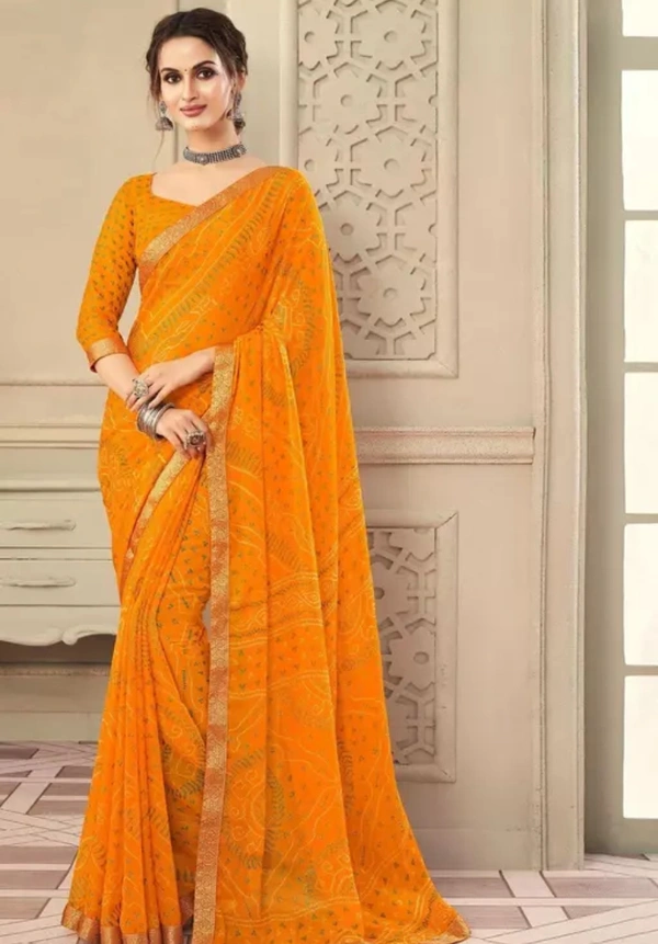 Neha Collection Women Bandhani Chiffon Saree With Blouse - Yellow, Free Size