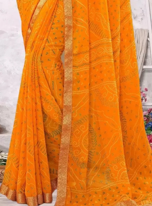 Neha Collection Women Bandhani Chiffon Saree With Blouse - Yellow, Free Size