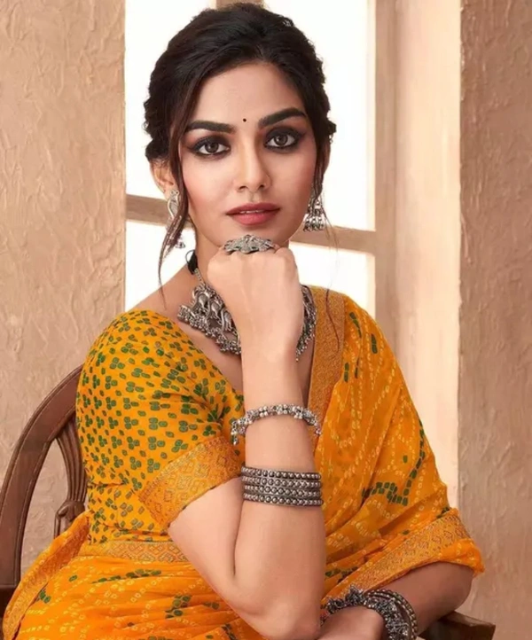Neha Collection Women Bandhani Chiffon Saree With Blouse - Yellow, Free Size