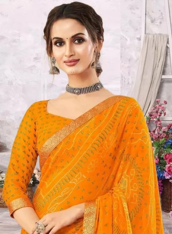 Neha Collection Women Bandhani Chiffon Saree With Blouse - Yellow, Free Size