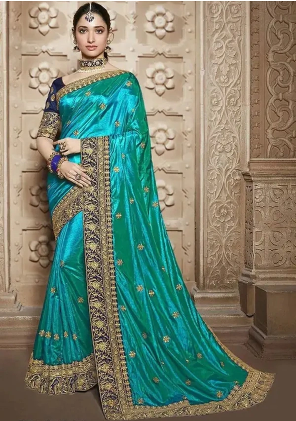Neha Collection Women Aqua Silk Saree Embroidery & Blouse - Light Blue, Free Size
