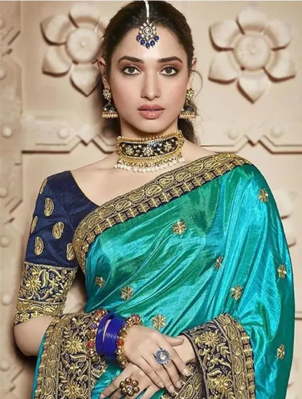 Neha Collection Women Aqua Silk Saree Embroidery & Blouse - Light Blue, Free Size