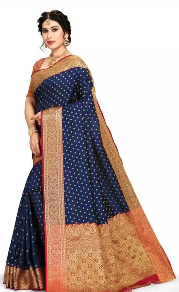 Banarasi Silk Women Banarasi Silk Jacquard Saree With Blouse - Blue