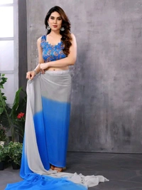Neha Collection Grey and Black Ready To Wear Georgette Saree With Blouse  - Blue
