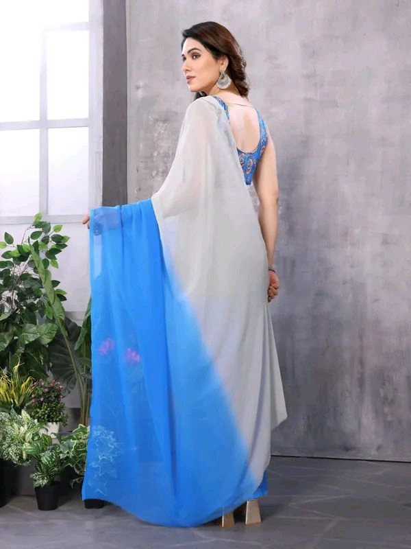 Neha Collection Grey and Black Ready To Wear Georgette Saree With Blouse  - Blue