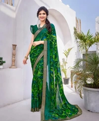 Neha Collection Women Trendy Printed Jacquard Lace Georgette Saree With Blouse Material - Green, Free Size