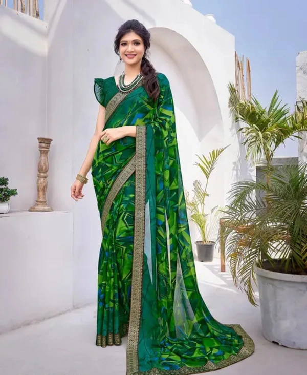 Neha Collection Women Trendy Printed Jacquard Lace Georgette Saree With Blouse Material - Green, Free Size