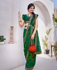 Neha Collection Women Trendy Printed Jacquard Lace Georgette Saree With Blouse Material - Green, Free Size