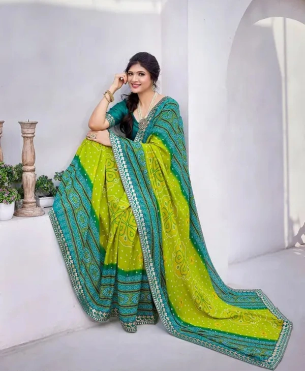 Neha Collection Women Trendy Printed Jacquard Lace Georgette Saree With Blouse Material - Green, Free Size