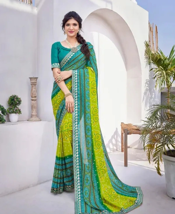 Neha Collection Women Trendy Printed Jacquard Lace Georgette Saree With Blouse Material - Green, Free Size