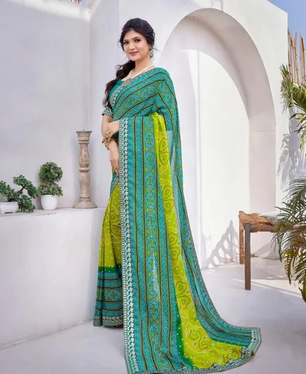 Neha Collection Women Trendy Printed Jacquard Lace Georgette Saree With Blouse Material - Green, Free Size