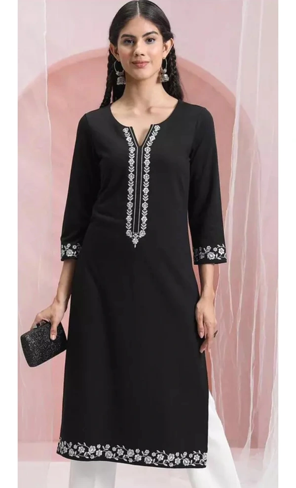 Neha Collection Women Rayon Embroidered Straight Kurti - Black, XS