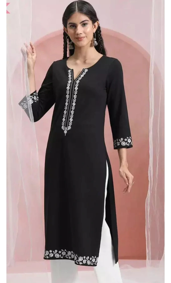 Neha Collection Women Rayon Embroidered Straight Kurti - Black, XS