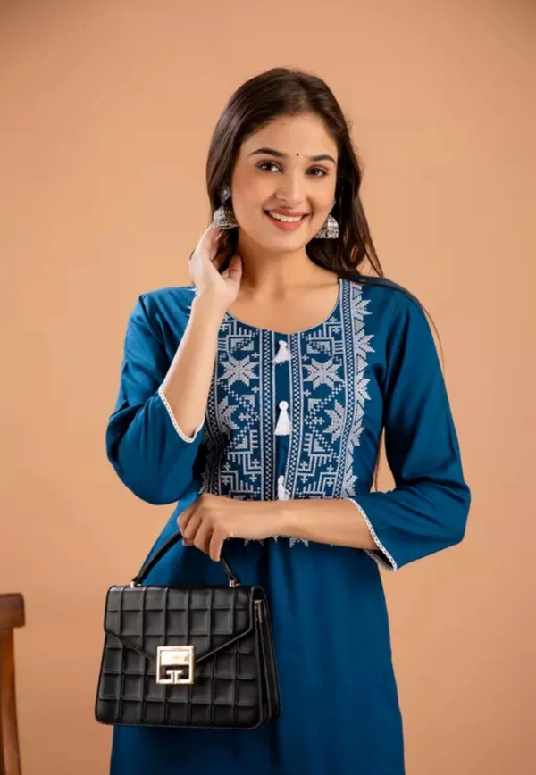 Neha Collection Women Straight Embroidered Kurti - Blue, S