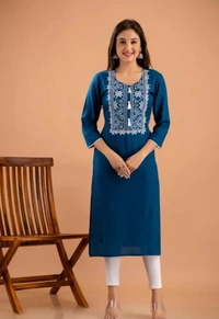 Neha Collection Women Straight Embroidered Kurti - Blue, M