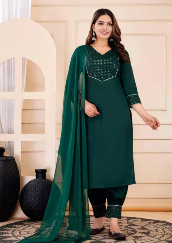 Neha Collection Women Kurti&Pant With Dupatta Set - Green, L