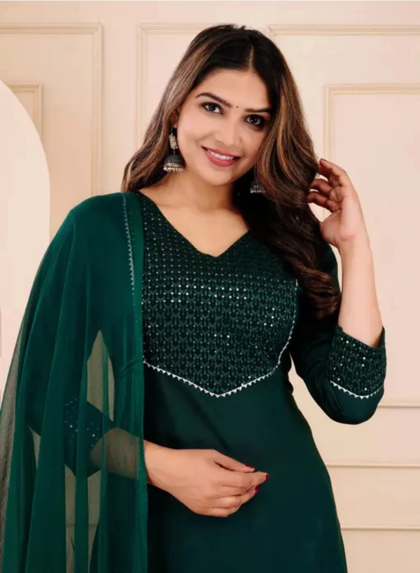 Neha Collection Women Kurti&Pant With Dupatta Set - Green, XXL