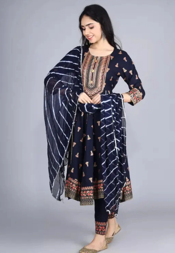 Neha Collection Women Goldprint Rayon Anarkali Kurta Pant & Dupatta - Multicolour, S