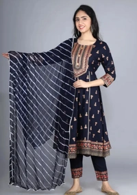 Neha Collection Women Goldprint Rayon Anarkali Kurta Pant & Dupatta - Multicolour, S