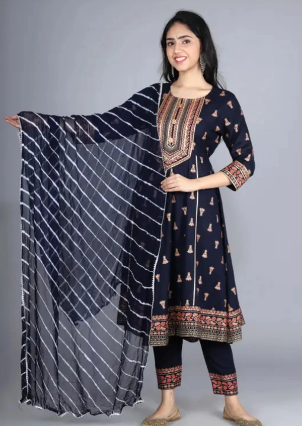 Neha Collection Women Goldprint Rayon Anarkali Kurta Pant & Dupatta - Multicolour, S