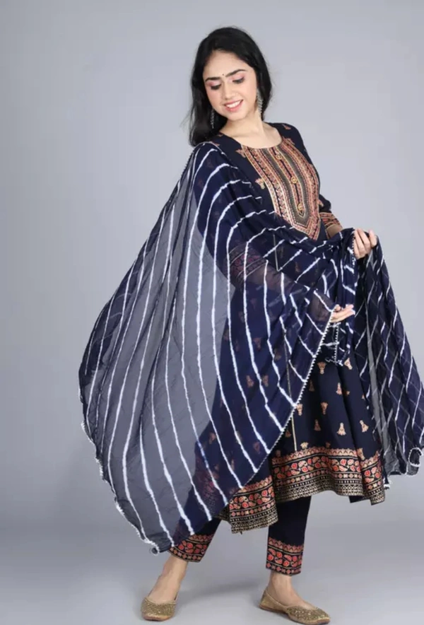 Neha Collection Women Goldprint Rayon Anarkali Kurta Pant & Dupatta - Multicolour, S