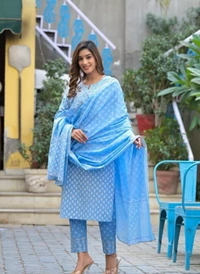 Neha Collection Women Trendy Cotton Printed Kurti Pant With Dupatta Set - Aqua Blue, XL