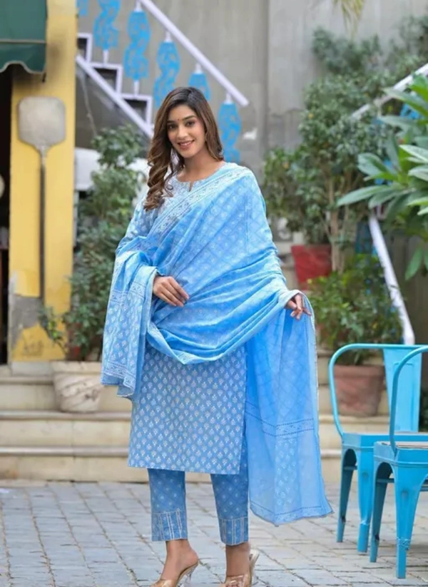 Neha Collection Women Trendy Cotton Printed Kurti Pant With Dupatta Set - Aqua Blue, XL