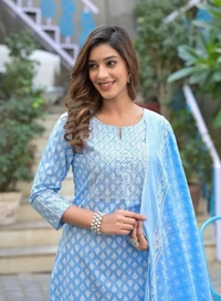 Neha Collection Women Trendy Cotton Printed Kurti Pant With Dupatta Set - Aqua Blue, XL
