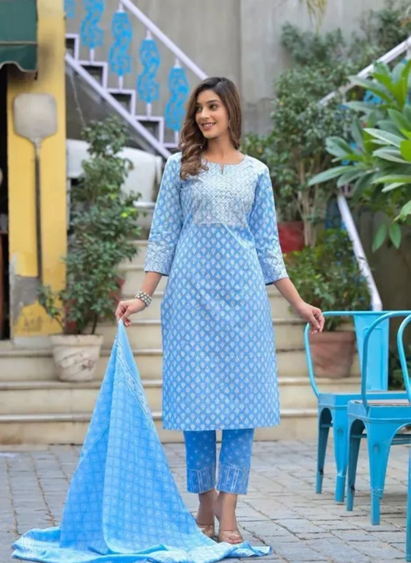 Neha Collection Women Trendy Cotton Printed Kurti Pant With Dupatta Set - Aqua Blue, XXL