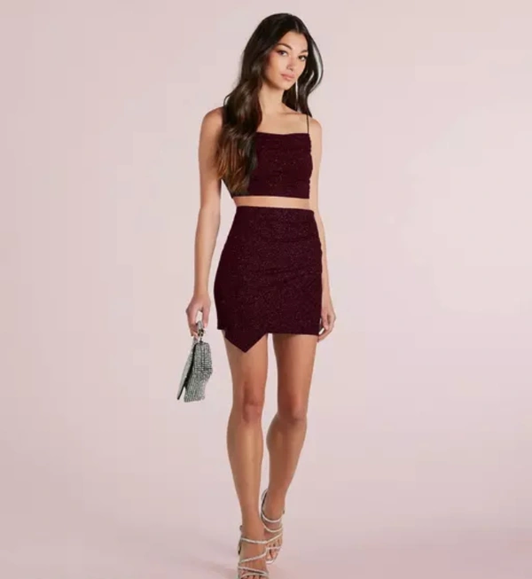 Neha Collection Women Sparkle Glitter Mini Skirt - Maroon, 28