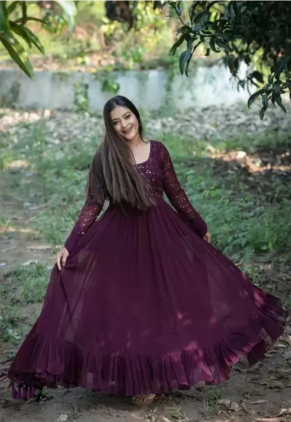 Neha Collection Women Georgette Embroidered Flared Gown - Purple, XXL