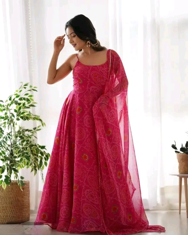 Neha Collection Georgette Bandhani Print Gown With Digital Printed Dupatta - Pink, S
