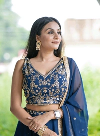 Fashion Hub Regal Georgette Lehenga Choli with Sequins & Thread Embroidery - Semi Stitched, Blue