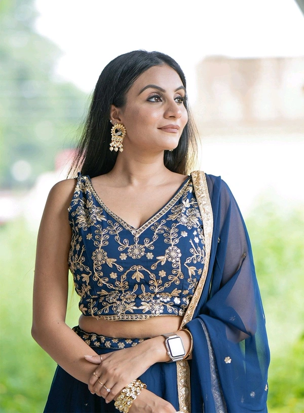 Fashion Hub Regal Georgette Lehenga Choli with Sequins & Thread Embroidery - Semi Stitched, Blue