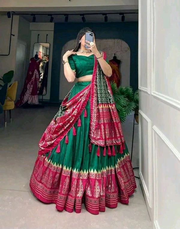 Tussar Silk With Patola Print And Foil Work Lehenga Choli - Semi Stitched, Green