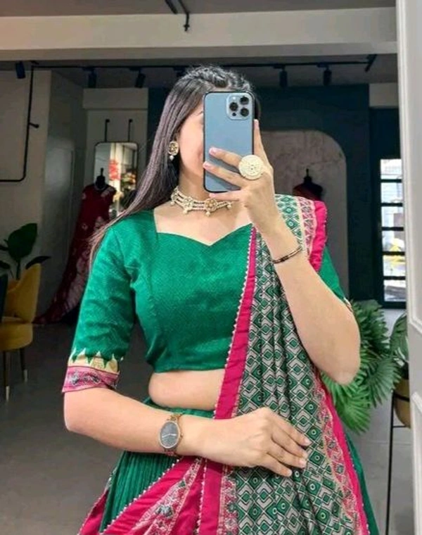 Tussar Silk With Patola Print And Foil Work Lehenga Choli - Semi Stitched, Green