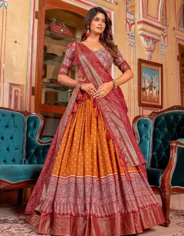 Neha Collection Women Bandhej Ajrak Print With Foil Work Tussar Silk Lahnga Choli - Orange, Free Size