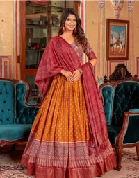 Neha Collection Women Bandhej Ajrak Print With Foil Work Tussar Silk Lahnga Choli - Orange, Free Size