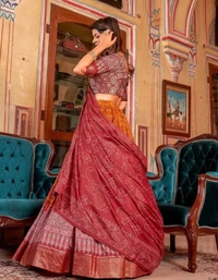 Neha Collection Women Bandhej Ajrak Print With Foil Work Tussar Silk Lahnga Choli - Orange, Free Size