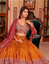 Neha Collection Women Bandhej Ajrak Print With Foil Work Tussar Silk Lahnga Choli - Orange, Free Size