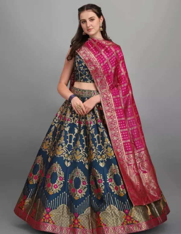 Neha Collection Women's Fancy Designer Flared Embroidery Best Quality Lahanga Choli Set - Blue, Free Size