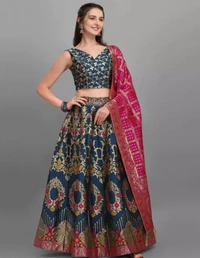 Neha Collection Women's Fancy Designer Flared Embroidery Best Quality Lahanga Choli Set - Blue, Free Size