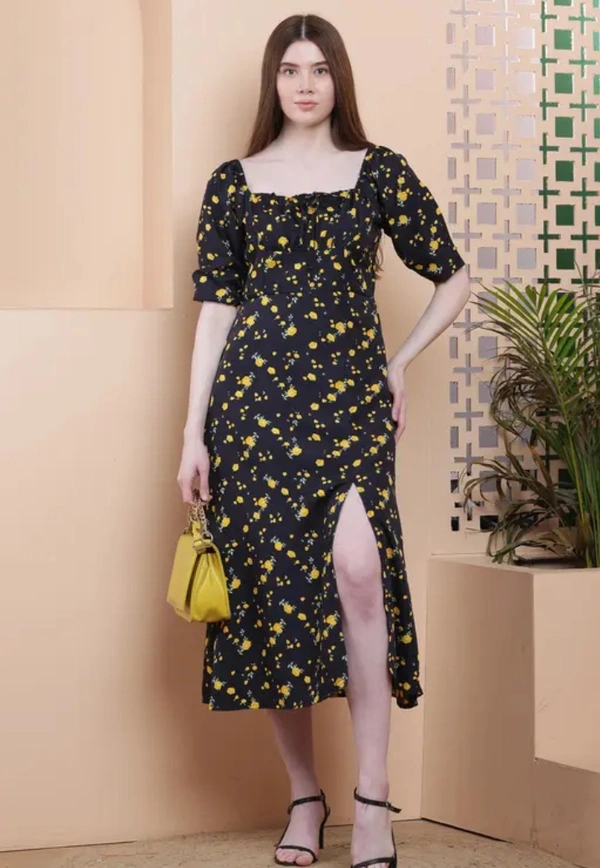 Neha Collection Satvikk Women Printed Knee Length Stylish & Comfi Dresses With Lining - Black, M