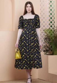 Neha Collection Satvikk Women Printed Knee Length Stylish & Comfi Dresses With Lining - Black, M
