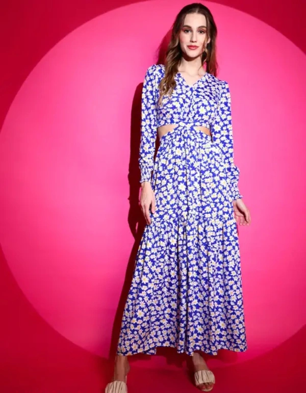 Neha Collection Women V-Neck Fit And Flare Full Length Dress - Blue, XS