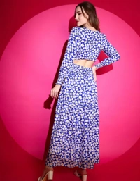 Neha Collection Women V-Neck Fit And Flare Full Length Dress - Blue, XS